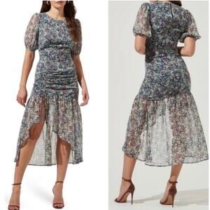 ASTR the Label Floral Puff Sleeve Ruched High-Low Dress in Size L